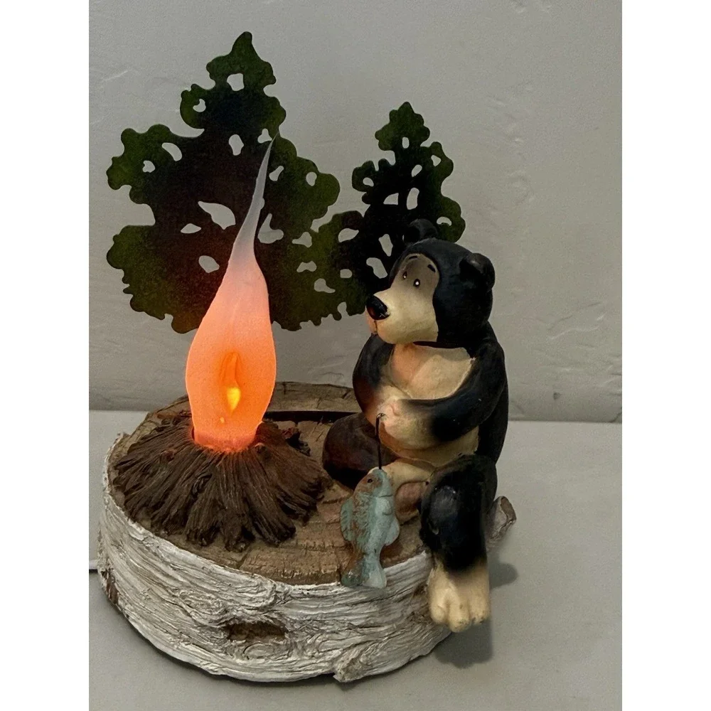 Vtg Black Bear Campfire Night Light Table‎ Lamp Rustic Cabin Lodge Decor Flicker